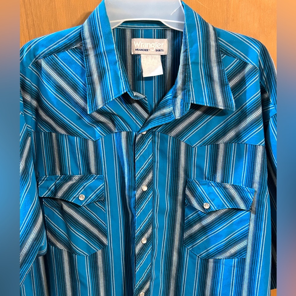 Wrangler Wrancher Western Pearl Snap Shirt Blue Striped Cowboy Rodeo Mens Medium - Picture 3 of 5